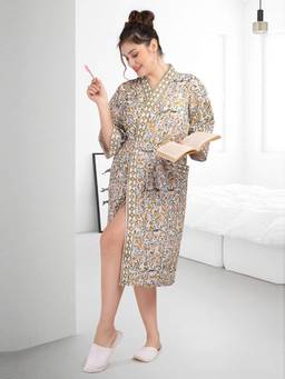 LacyLook - Women's Premium Block Printed Waffle Cotton Bathrobe with Belt-Yellow