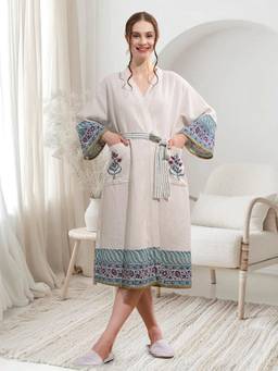 LacyLook - Women's Premium Block Printed Waffle Cotton Bathrobe with Belt-Blue