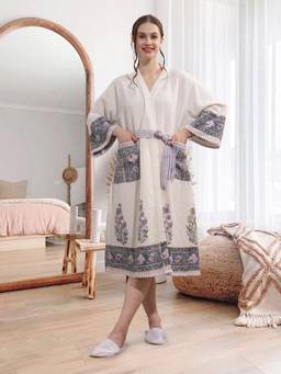 LacyLook - Women's Premium Block Printed Waffle Cotton Bathrobe with Belt-Grey