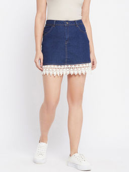 Uptownie - Womens Royal Blue Denim Knee Length Skirt With Lace Border