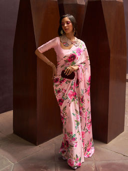 Odette - Festive Pink Satin Printed Saree with Unstitched Blouse