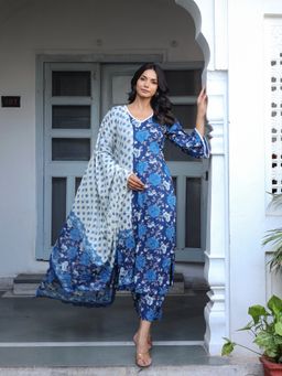 PRIYANKA CHOUDHARY - Women Blue Cotton Printed Suit (Set of 3)
