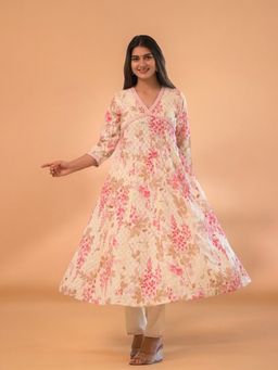 Aravalii - White and Deep Pink Cotton Print with Dupatta (Set of 3)