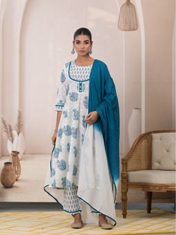 Aravalii - Blue Blossom Cotton Anarkali Suit (Set of 3)
