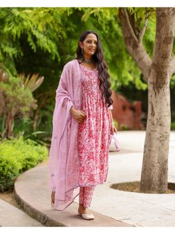 Mayurie - Magenta and Pink Block Printed Cotton Suit (Set of 3)