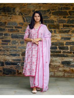 Mayurie - Lilac and Red Block Printed Cotton Suit (Set of 3)