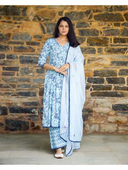 Mayurie - Aqua and Blue Block Printed Cotton Suit (Set of 3)