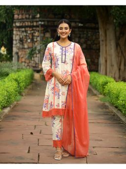 Mayurie - Ivory and Orange Block Printed Cotton Suit (Set of 3)