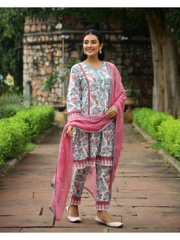 Mayurie - White and Purple Block Printed Cotton Suit (Set of 3)
