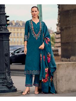 MOJILAA - Teal Blue Floral Embroidered Kurta with Pant and Dupatta (Set of 3)