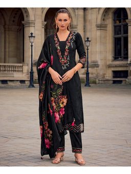 MOJILAA - Black Floral Embroidered Straight Kurta with Pant and Dupatta (Set of 3)
