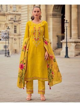 MOJILAA - Mustard Floral Embroidered Straight Kurta with Pant and Dupatta (Set of 3)