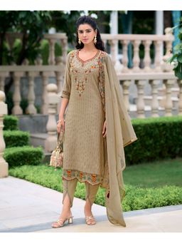 MOJILAA - Khaki Floral Embroidered Straight Kurta with Tulip Pant and Dupatta (Set of 3)