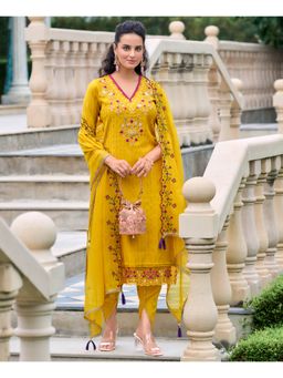 MOJILAA - Yellow Floral Embroidered Straight Kurta with Tulip Pant and Dupatta (Set of 3)