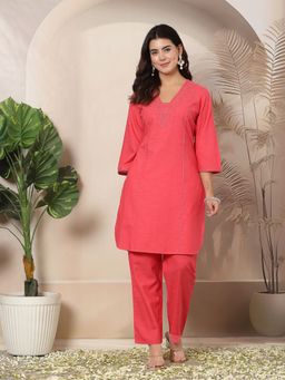 Nayam by lakshita - Solid Embroidered Straight Cotton Kurta and Palazzo for Women (Set of 2)