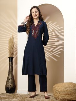 Nayam by lakshita - Solid Embroidered and Mandarin Neck Kurta and Palazzo (Set of 2)