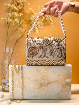 NR by Nidhi Rathi - Gold Embellished Flap Clutch Bag with Detachable Strap