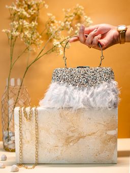 NR by Nidhi Rathi - White Feather Clutch Bag with Detachable Strap