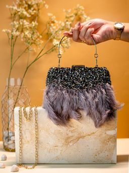 NR by Nidhi Rathi - Purple Metallic Feather Clutch Bag with Detachable Strap