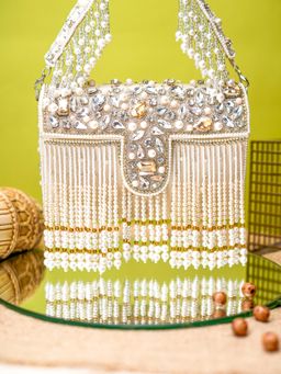 NR by Nidhi Rathi - Cream Tasseled Flap Clutch Bag with Detachable Strap