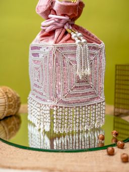 NR by Nidhi Rathi - Baby Pink Square Shape Potli Bag with Detachable Strap