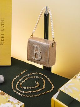 NR by Nidhi Rathi - Golden B Alphabet Initial Embellished Flap Clutch Bag with Detachable Strap