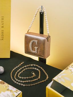 NR by Nidhi Rathi - Golden G Alphabet Initial Embellished Flap Clutch Bag with Detachable Strap