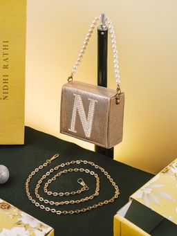 NR by Nidhi Rathi - Golden N Alphabet Initial Embellished Flap Clutch Bag with Detachable Strap
