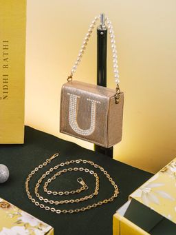 NR by Nidhi Rathi - Golden U Alphabet Initial Embellished Flap Clutch Bag with Detachable Strap