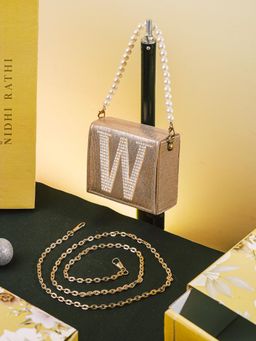 NR by Nidhi Rathi - Golden W Alphabet Initial Embellished Flap Clutch Bag with Detachable Strap
