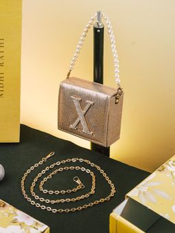 NR by Nidhi Rathi - Golden X Alphabet Initial Embellished Flap Clutch Bag with Detachable Strap