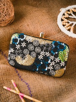 NR by Nidhi Rathi - Black Embellished Party Box Clutch with Detachable Chain