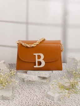 NR by Nidhi Rathi - Tan B Alphabet Initial Embellished Flap Clutch Bag with Detachable Strap