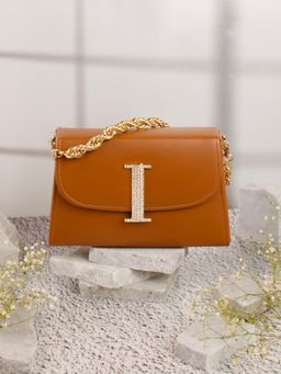 NR by Nidhi Rathi - Tan I Alphabet Initial Embellished Flap Clutch Bag with Detachable Strap