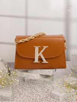 NR by Nidhi Rathi - Tan K Alphabet Initial Embellished Flap Clutch Bag with Detachable Strap