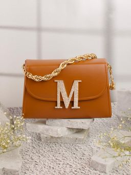 NR by Nidhi Rathi - Tan M Alphabet Initial Embellished Flap Clutch Bag with Detachable Strap
