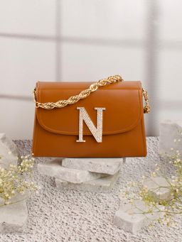NR by Nidhi Rathi - Tan N Alphabet Initial Embellished Flap Clutch Bag with Detachable Strap