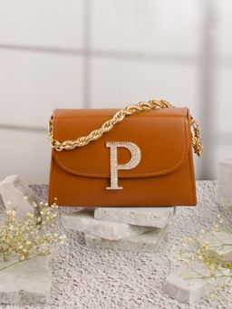 NR by Nidhi Rathi - Tan P Alphabet Initial Embellished Flap Clutch Bag with Detachable Strap