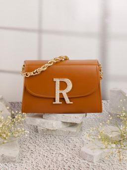 NR by Nidhi Rathi - Tan R Alphabet Initial Embellished Flap Clutch Bag with Detachable Strap