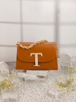 NR by Nidhi Rathi - Tan T Alphabet Initial Embellished Flap Clutch Bag with Detachable Strap