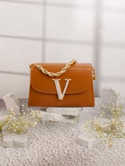 NR by Nidhi Rathi - Tan V Alphabet Initial Embellished Flap Clutch Bag with Detachable Strap