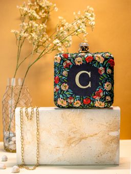 NR by Nidhi Rathi - Black/Green C Alphabet Initial Embellished Embroidered Box Clutch with Detachable Chain