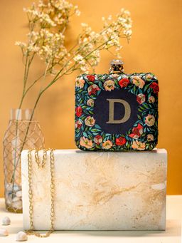 NR by Nidhi Rathi - Black/Green D Alphabet Initial Embellished Embroidered Box Clutch with Detachable Chain