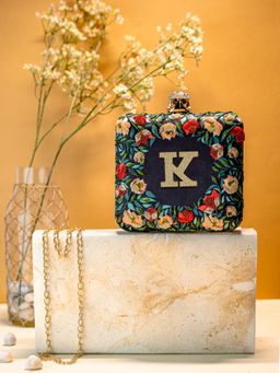 NR by Nidhi Rathi - Black/Green K Alphabet Initial Embellished Embroidered Box Clutch with Detachable Chain