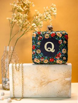 NR by Nidhi Rathi - Black/Green Q Alphabet Initial Embellished Embroidered Box Clutch with Detachable Chain