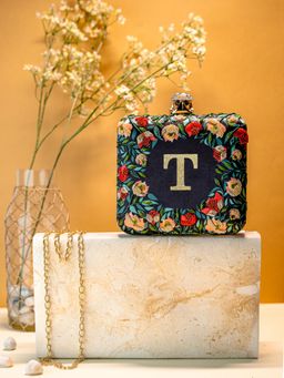 NR by Nidhi Rathi - Black/Green T Alphabet Initial Embellished Embroidered Box Clutch with Detachable Chain