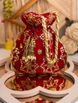 NR by Nidhi Rathi - Red Gold-Toned Embroidered Potli Bag with Detachable Strap