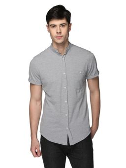 Club York - Men Solid Grey Half Sleeve Mandarin Neck Shirt