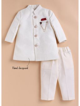 Little Collars - Partywear Cream Boys Floral Jacquard Achkan Jacket with Trouser