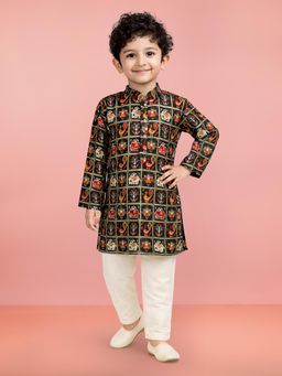 Vastramay - Boys Navy Blue Rayon Patola Printed Kurta with Pyjama